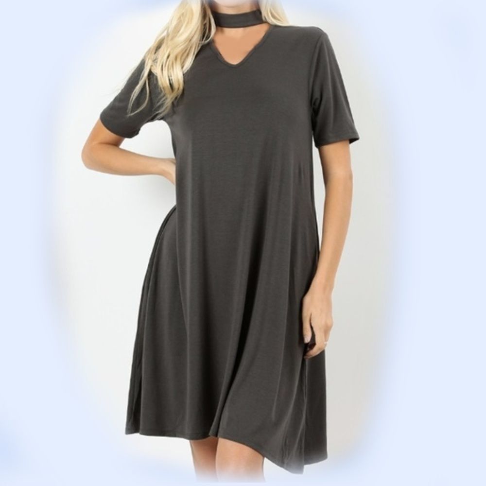 Grey Choker Neck Summer Dress Coverup with Pockets